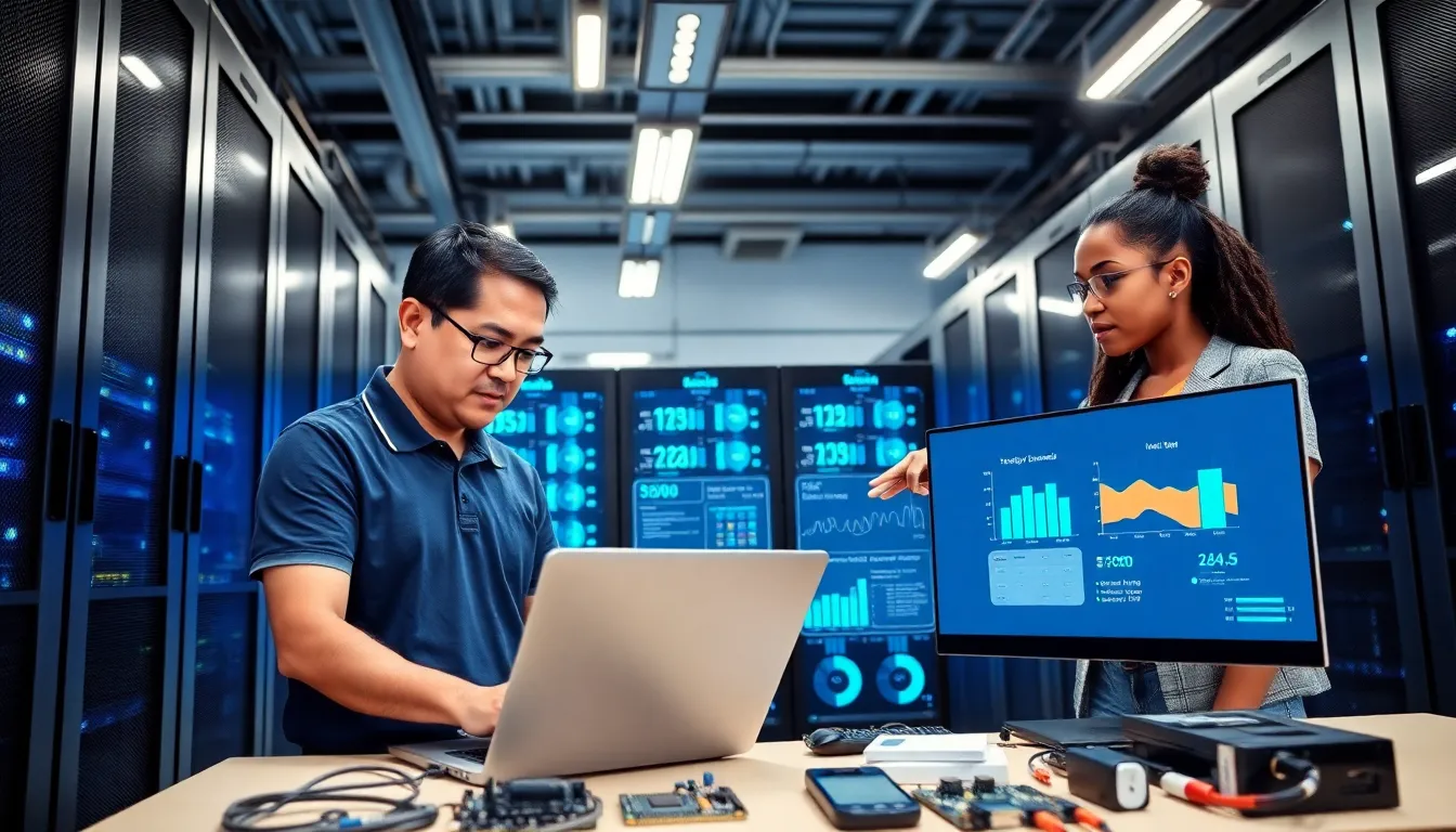 a diverse team working together in a modern data center.