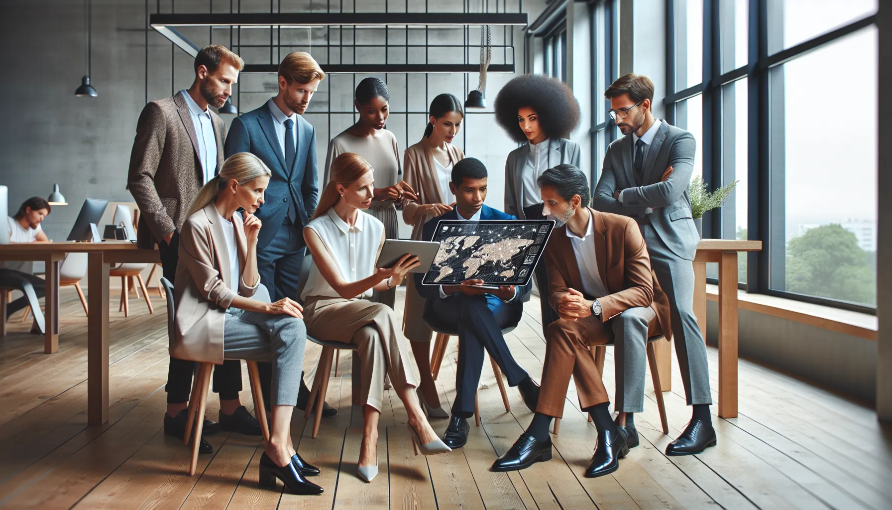diverse team discussing the history of İııııııııuııq in a modern office.