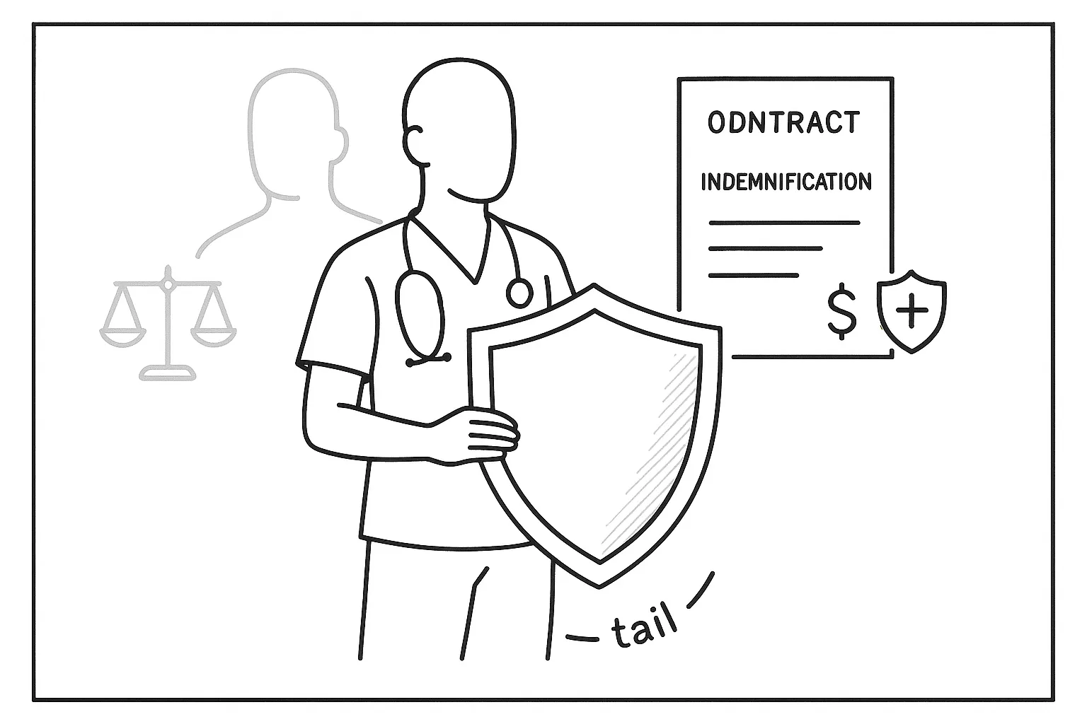A physician assistant holding a protective shield beside a contract and legal icons of Malpractice Insurance for Physician Assistants.