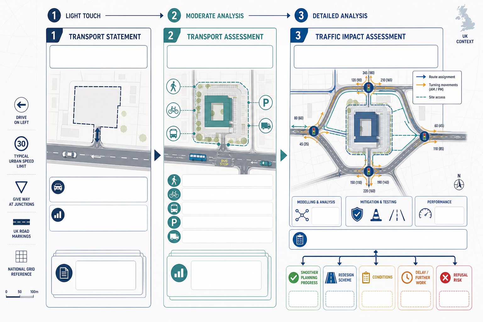 Comparison of UK transport statement, transport assessment, and traffic impact assessment.