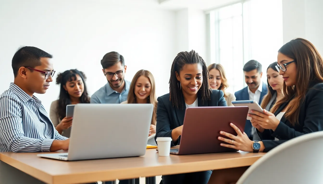 diverse professionals collaborating in a modern office setting.