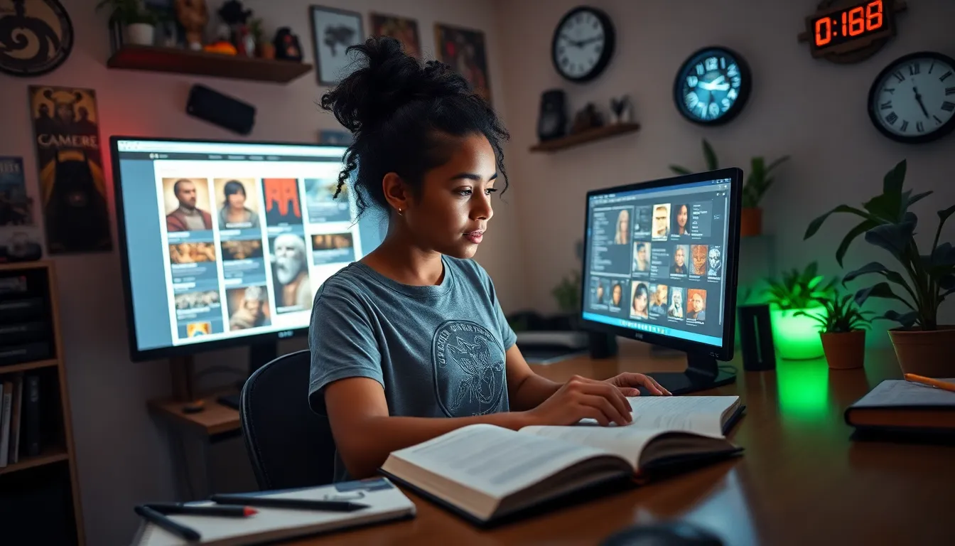 a gamer creating characters on a computer in a cozy room.