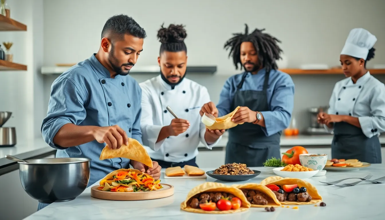 chefs preparing swuiqueiras in a modern kitchen.