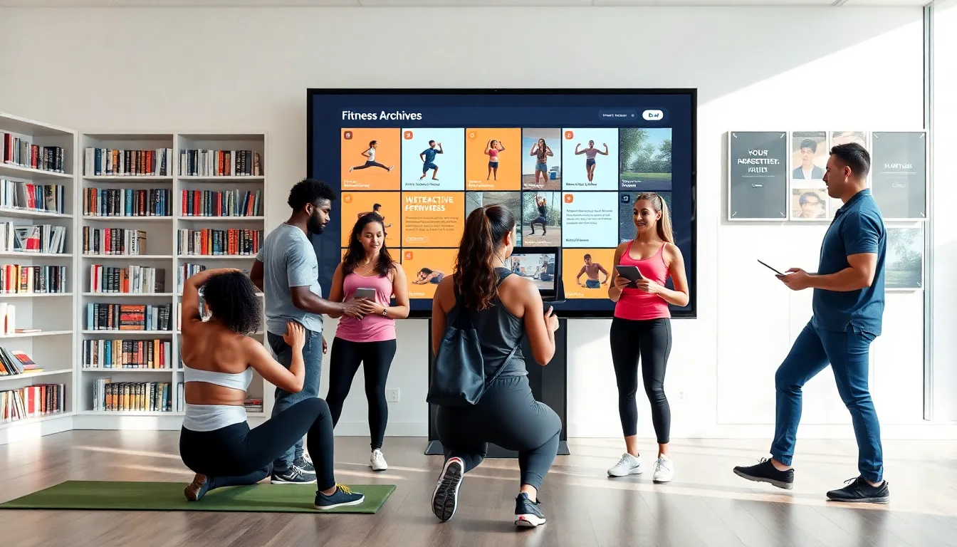 diverse group accessing fitness resources in a modern library.