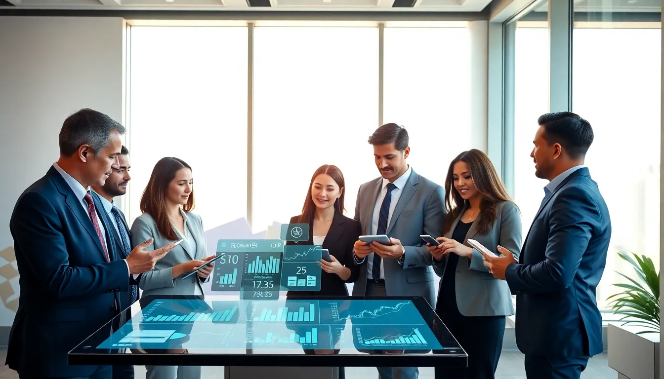 professionals analyzing economic data in a modern office setting.