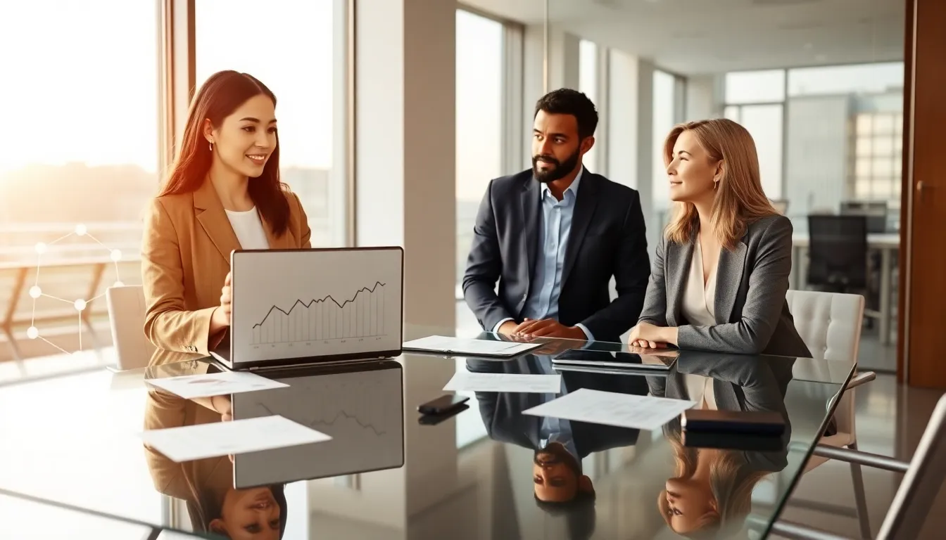 diverse team discussing blockchain staking in a modern office.