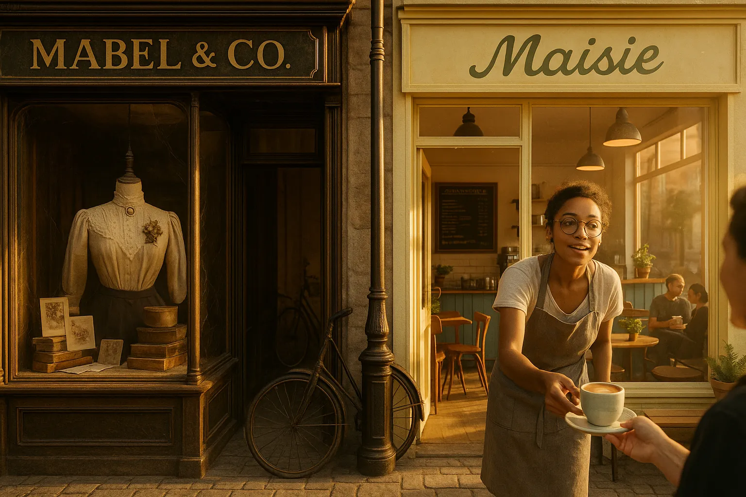 Two adjacent shops: ornate Mabel boutique and sunny Maisie coffee bar.