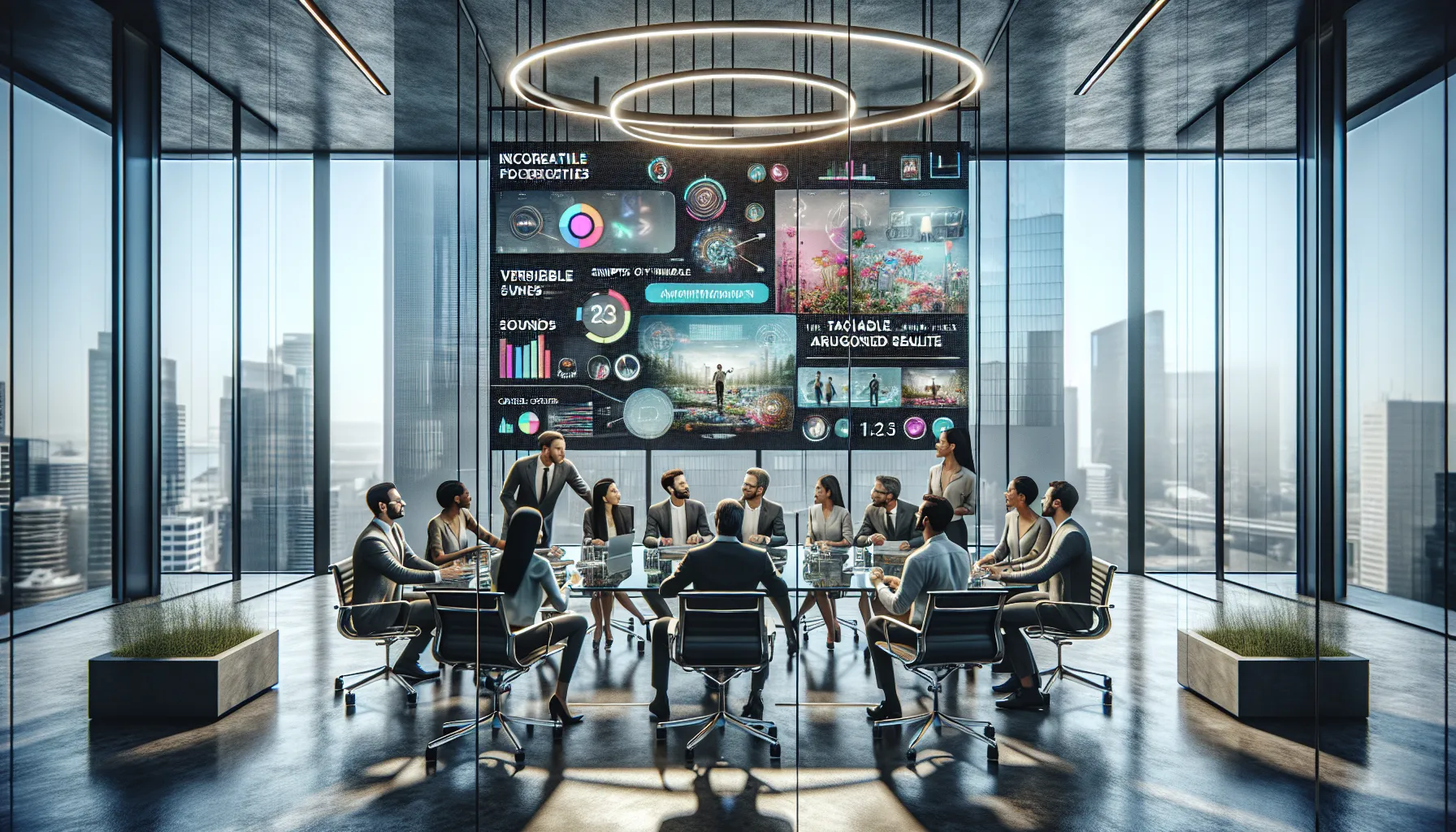 diverse team collaborating on multimedia projects in a modern office.