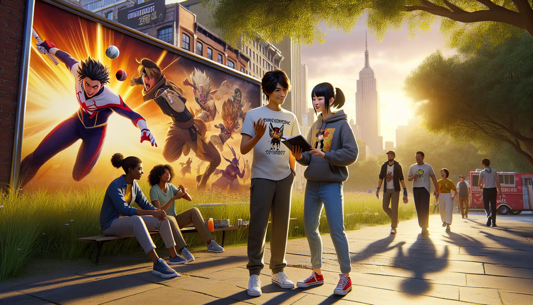 a diverse group discussing anime and cricket in a park during sunset.