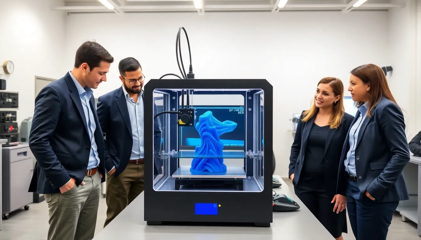 modern 3D printing setup with diverse professionals observing the process.