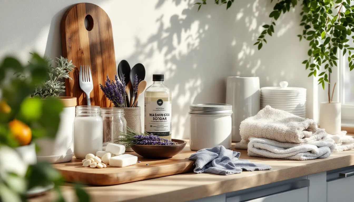 Homemade natural laundry detergent ingredients and soap nuts on a kitchen counter.