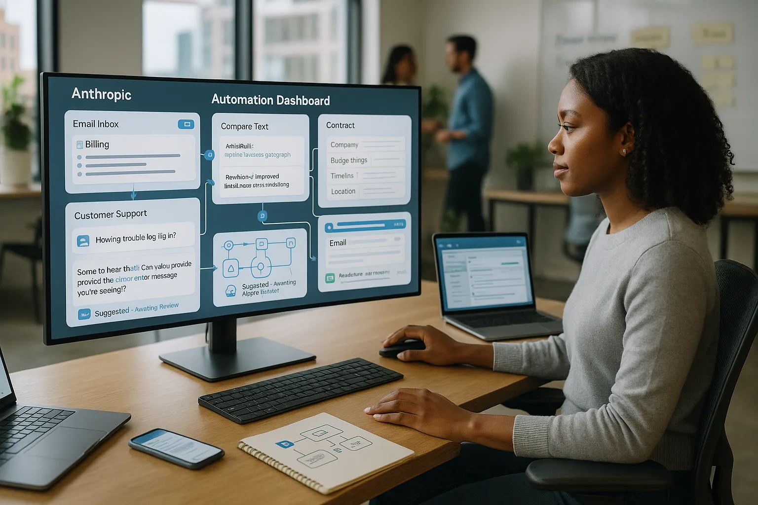 Office worker using AI dashboard to automate emails, replies, and structured data tasks.