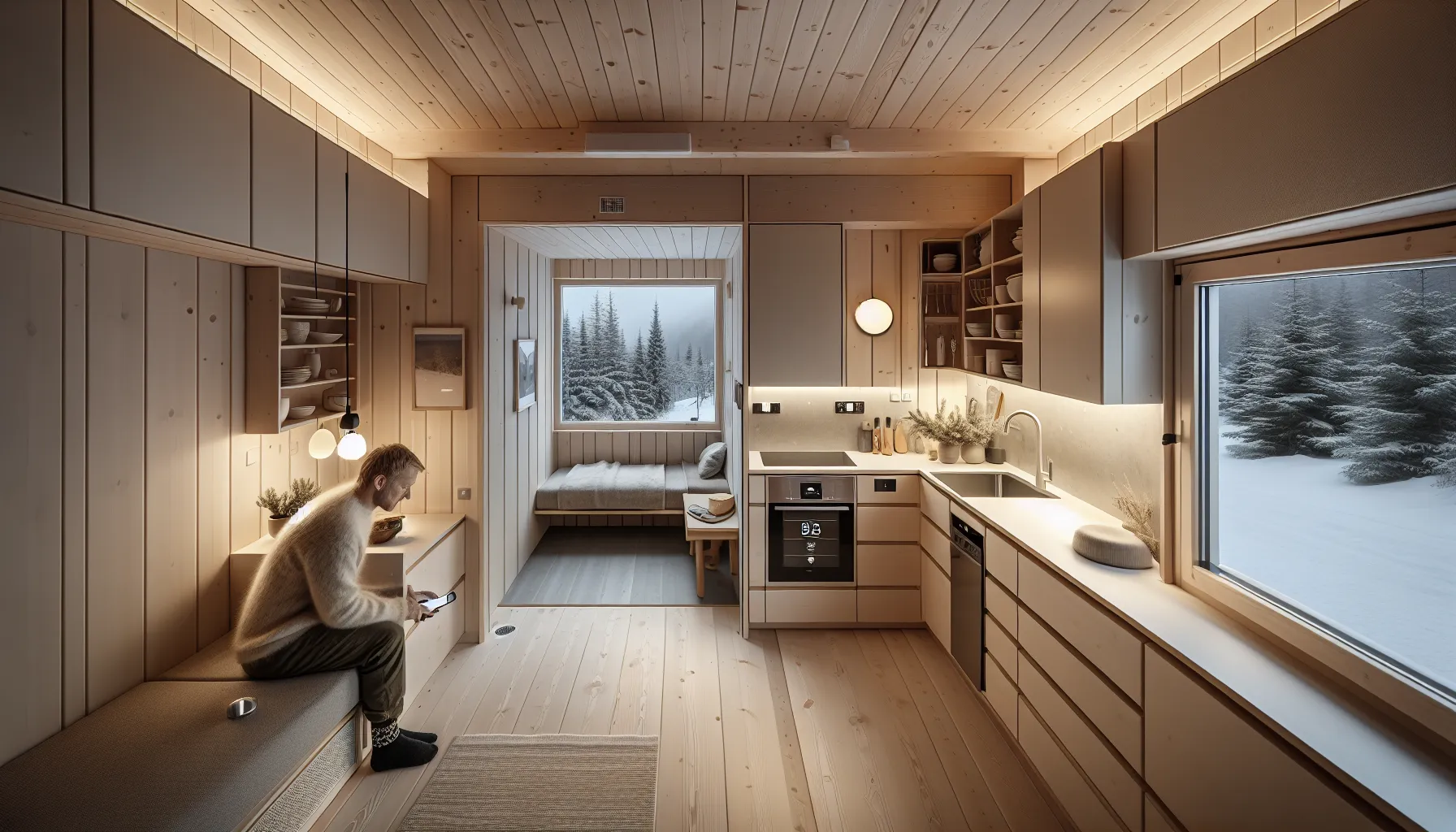 Compact norwegian cabin kitchen with smart controls and glimpse of modern bathroom.