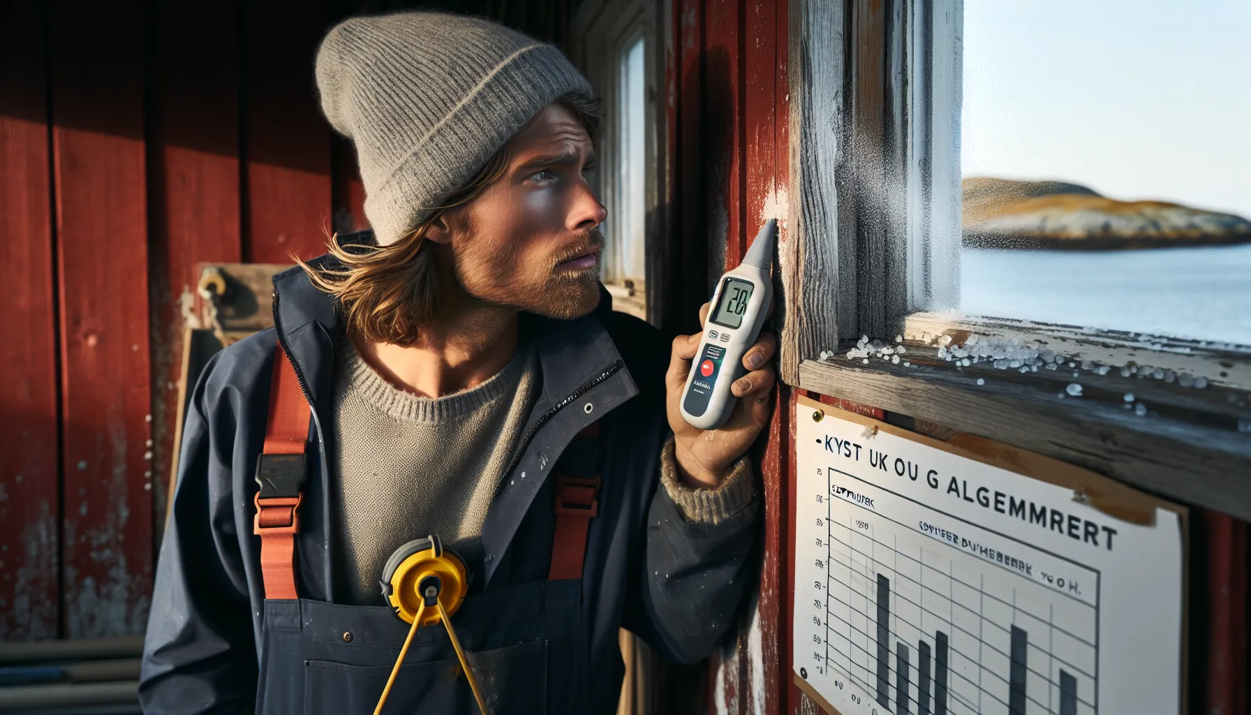 Norwegian painter checks wood moisture on a coastal house before painting.