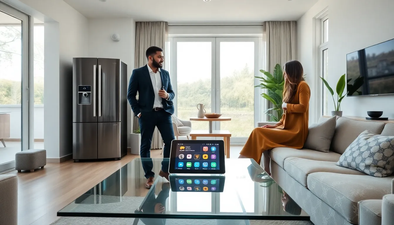 a diverse couple discussing smart home technology in a modern living room.