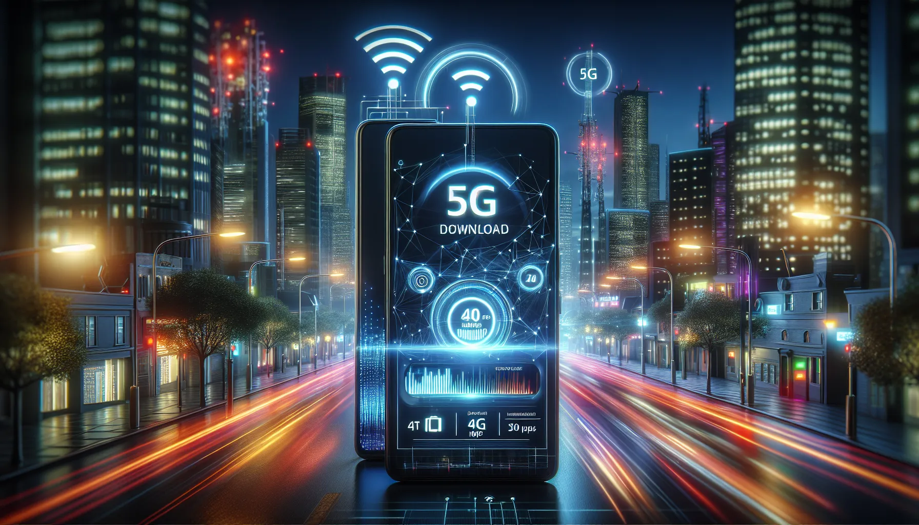 Two smartphones demonstrating LTE and 5G speeds against a city backdrop.