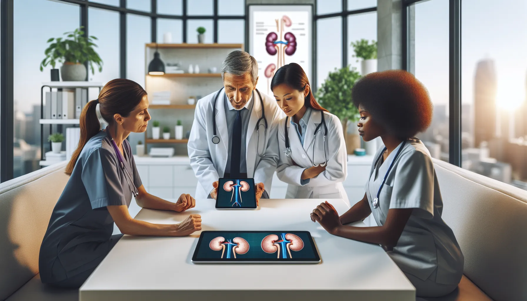 diverse healthcare team discussing kidney stone prevention.