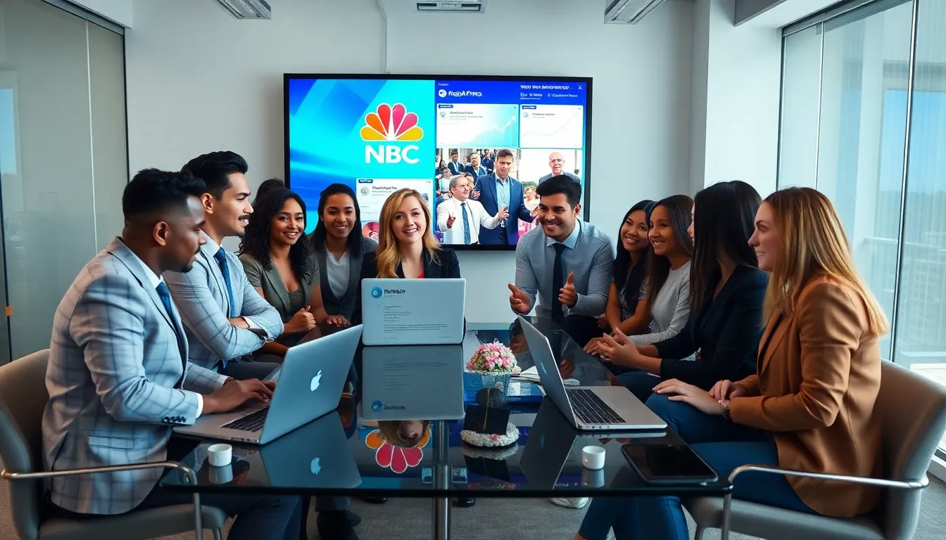 media professionals discussing NBC's Twitter strategy in a modern office.