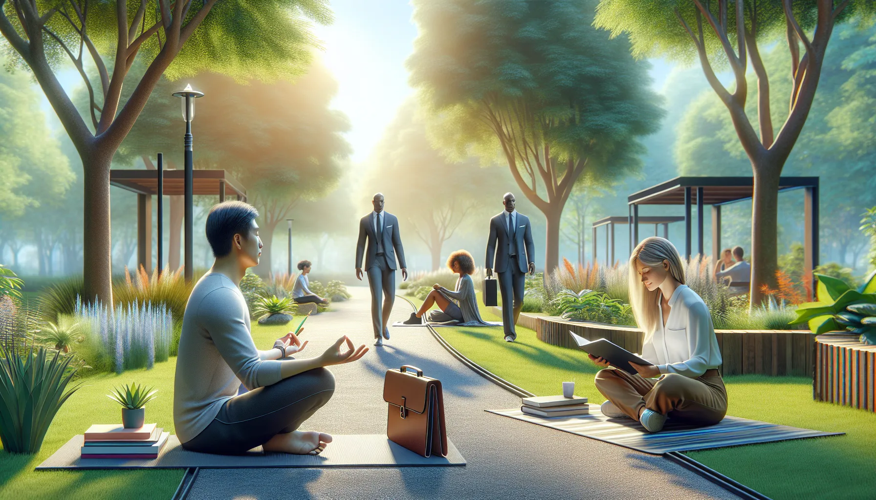 diverse professionals practicing mindfulness in a park.