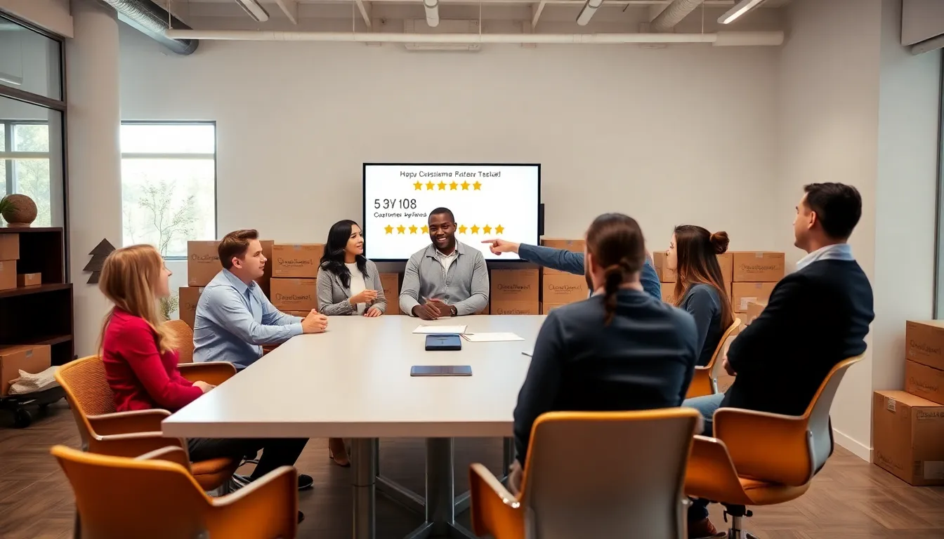 diverse team of moving professionals discussing logistics in a modern office.