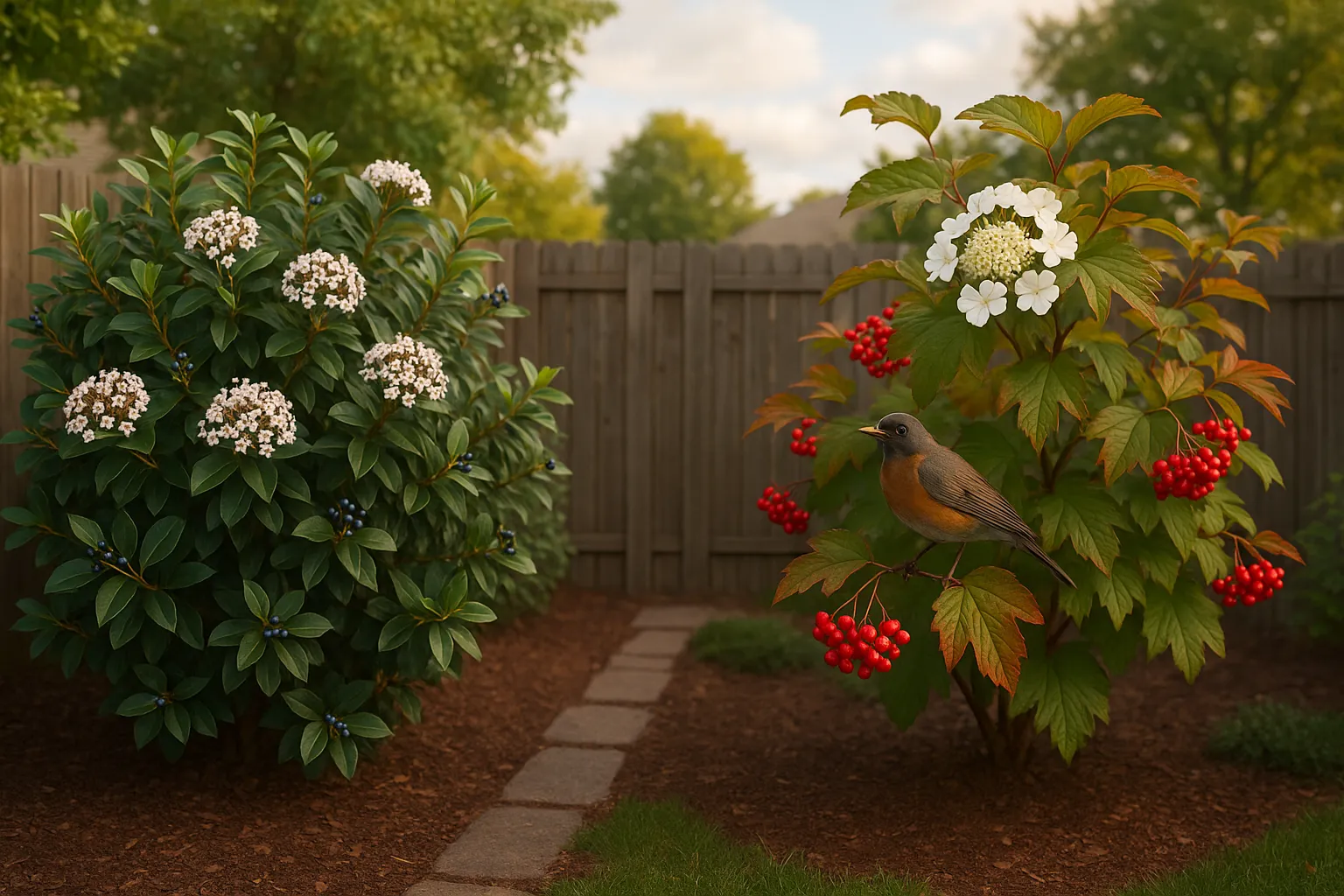 Two viburnum shrubs side-by-side showing evergreen blooms and red berries.