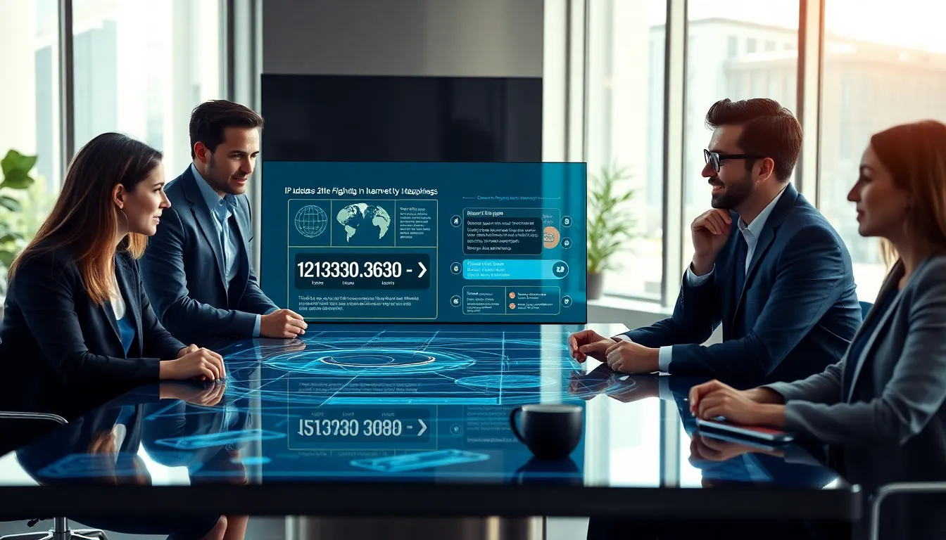 professionals analyzing IP address information in a modern office setting.