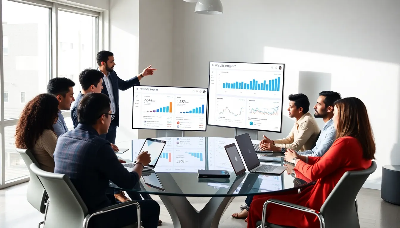 diverse team collaborating on digital marketing strategies in a modern office.