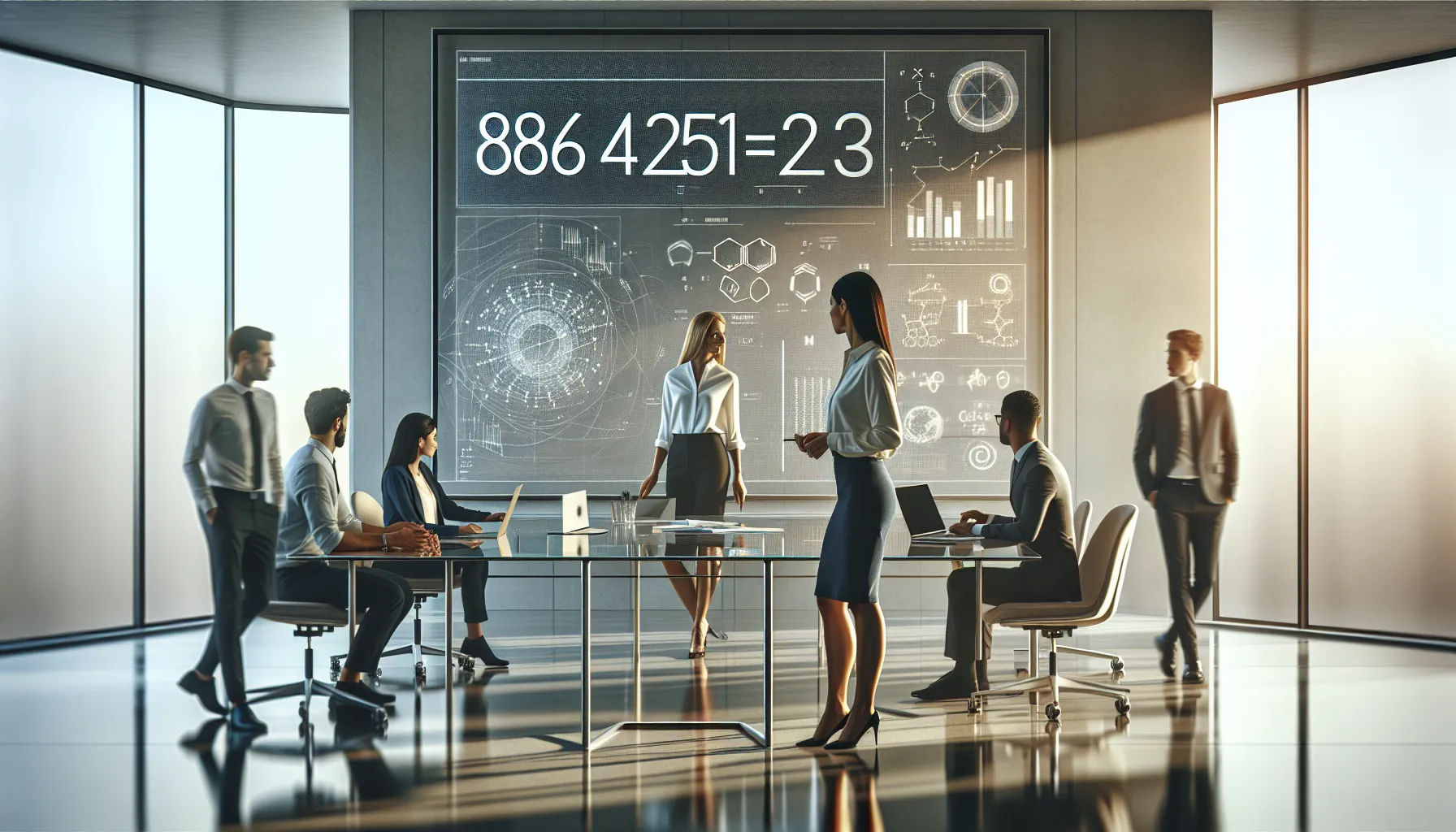 diverse team analyzing the number 8642516223 in a modern office setting.