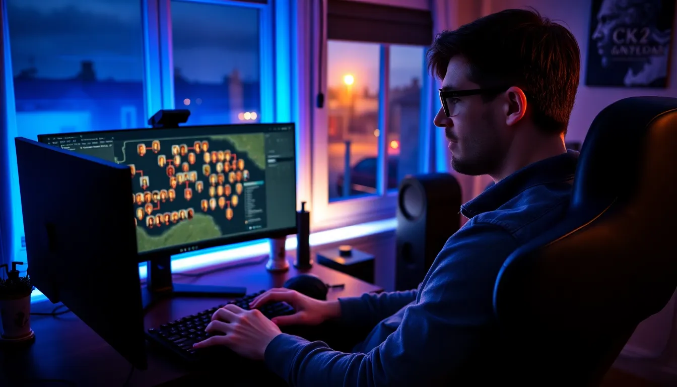 A gamer using CK2Generator on dual monitors in a dimly lit room.