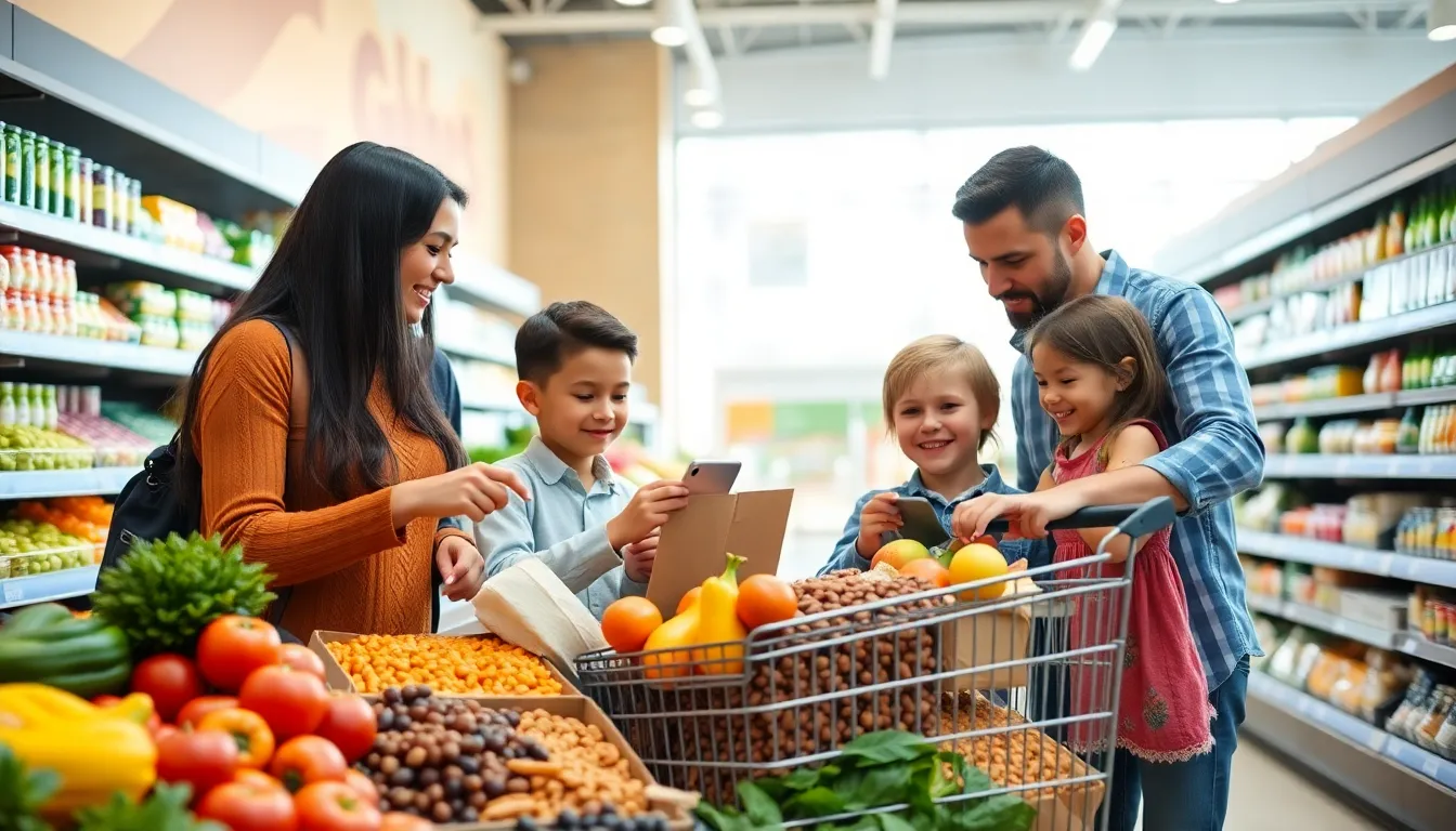 family shopping for nutritious food on a budget in a supermarket.