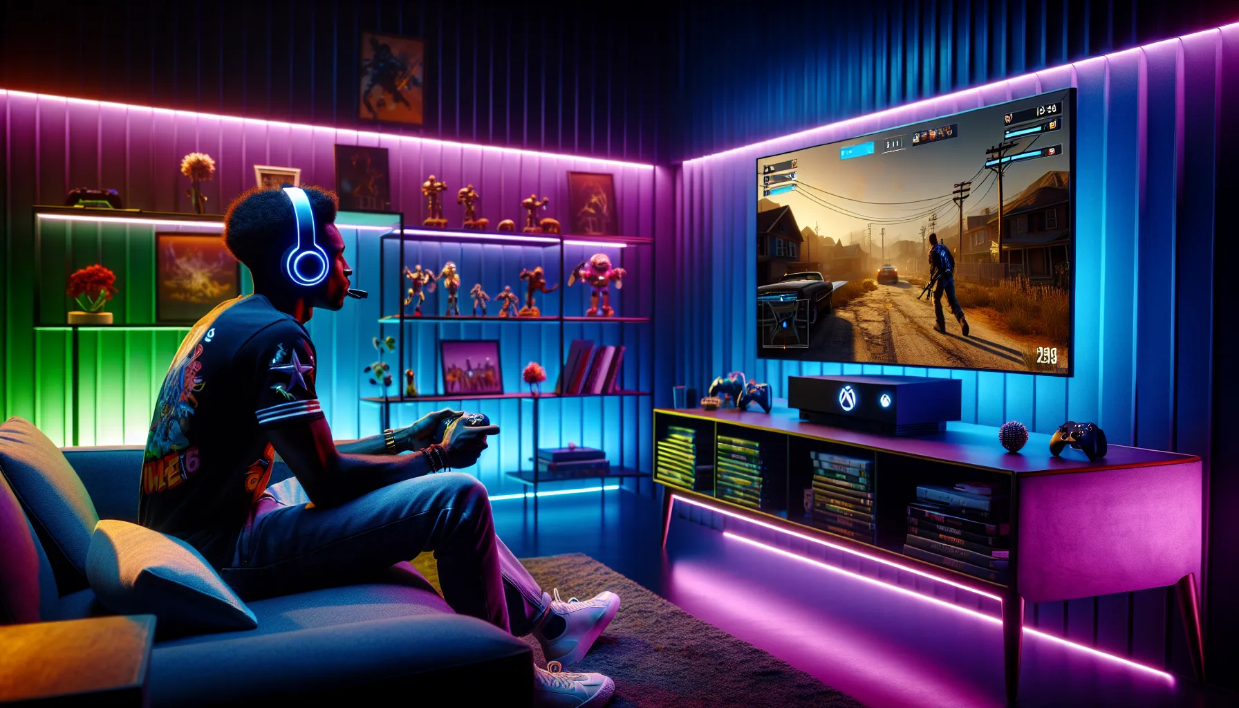 A young man playing an Xbox in a cozy, modern gaming room.