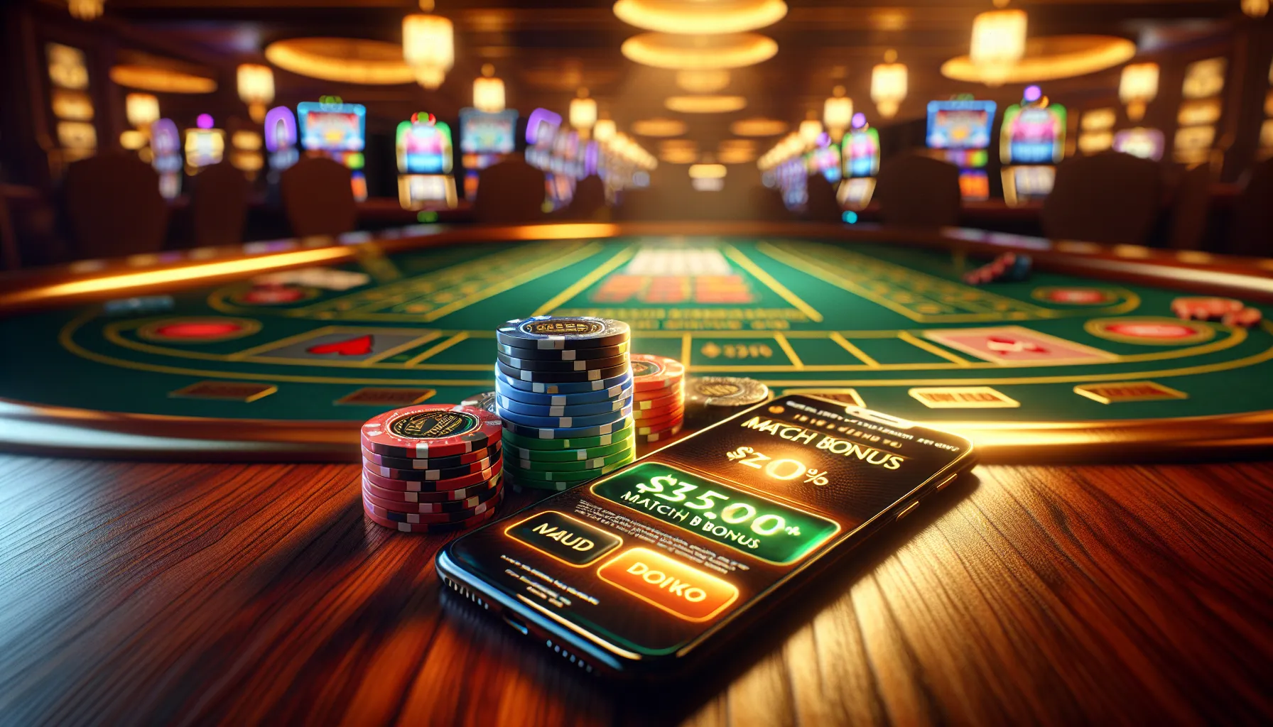 Casino chips and smartphone displaying bonus offer on wooden gaming table.