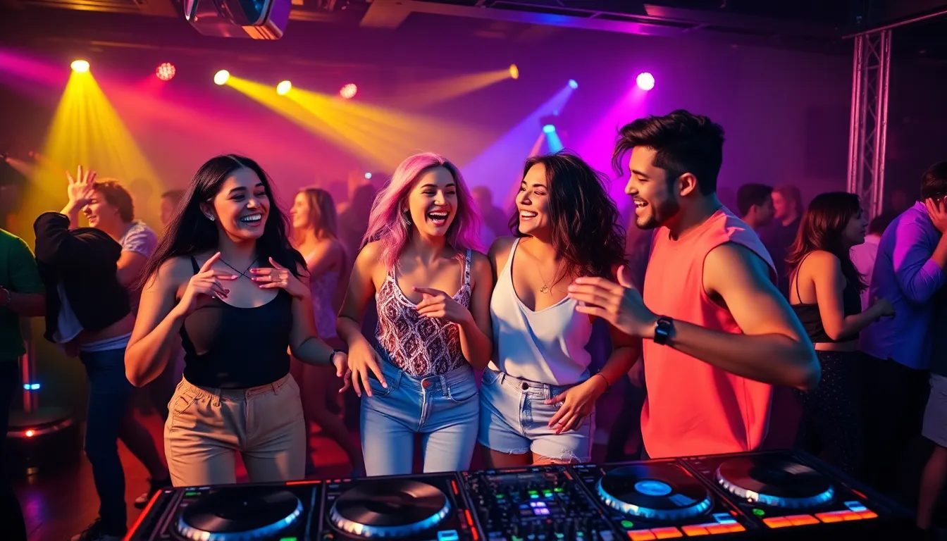 diverse group dancing at a lively party set to popular 2022 tracks.