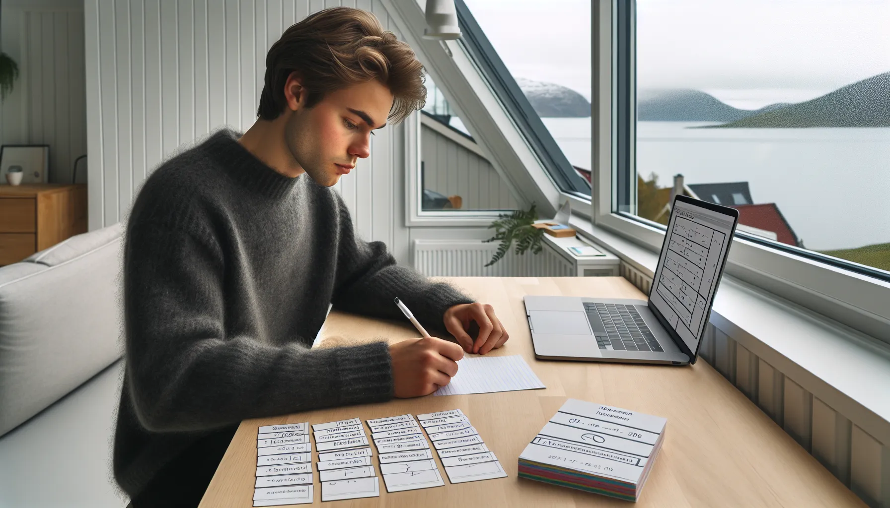 Student in norway using spaced repetition, quizzes, and interleaving at a desk.