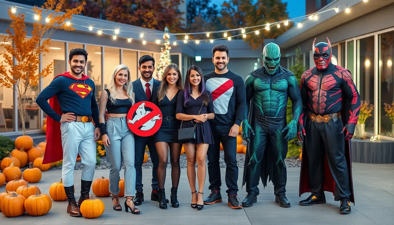 diverse group in pop culture Halloween costumes outdoors.