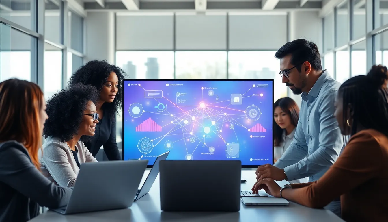 professionals collaborating in a modern office on advanced networking solutions.