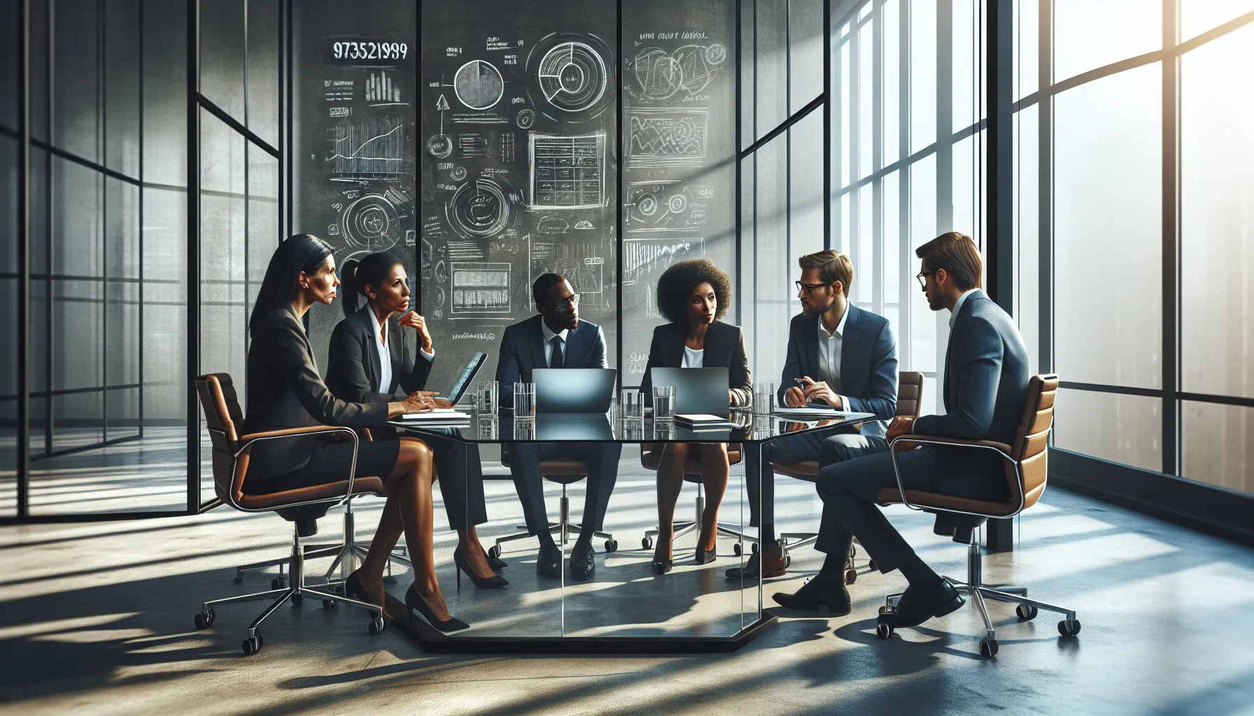 diverse professionals discussing the significance of a number in a modern office.