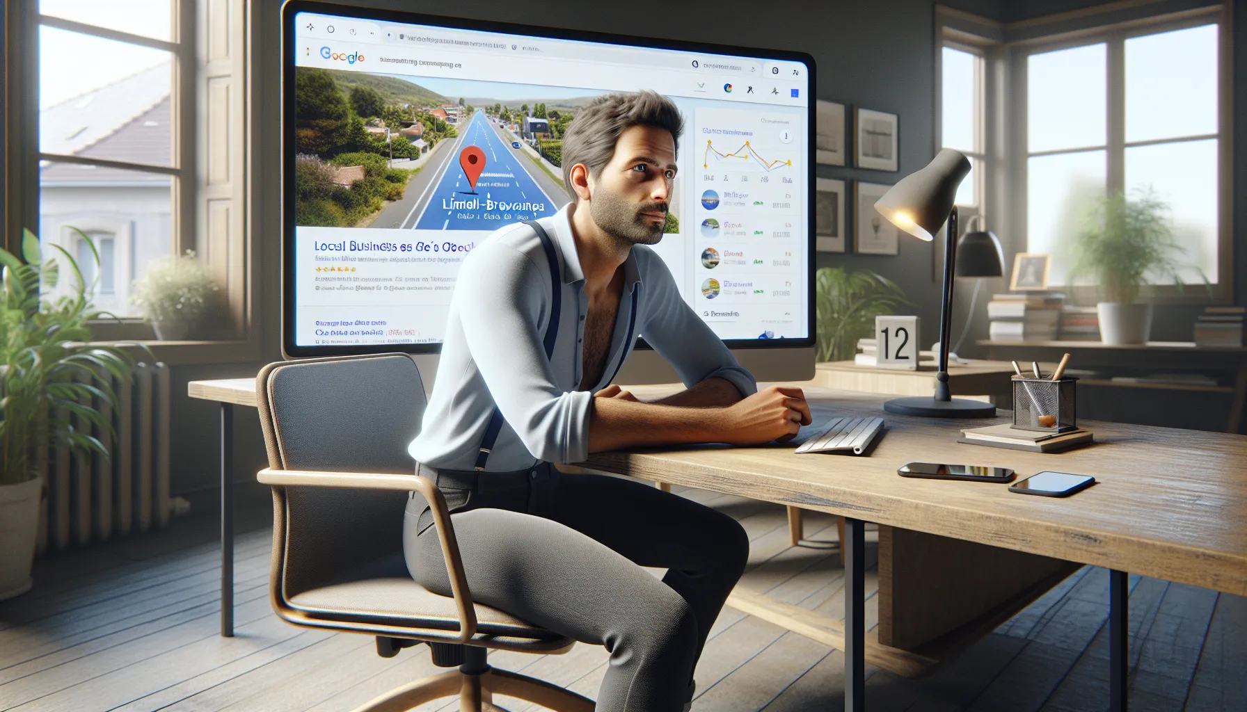 Local business owner in Limeil-Brévannes reviewing Google visibility and maps on screens.