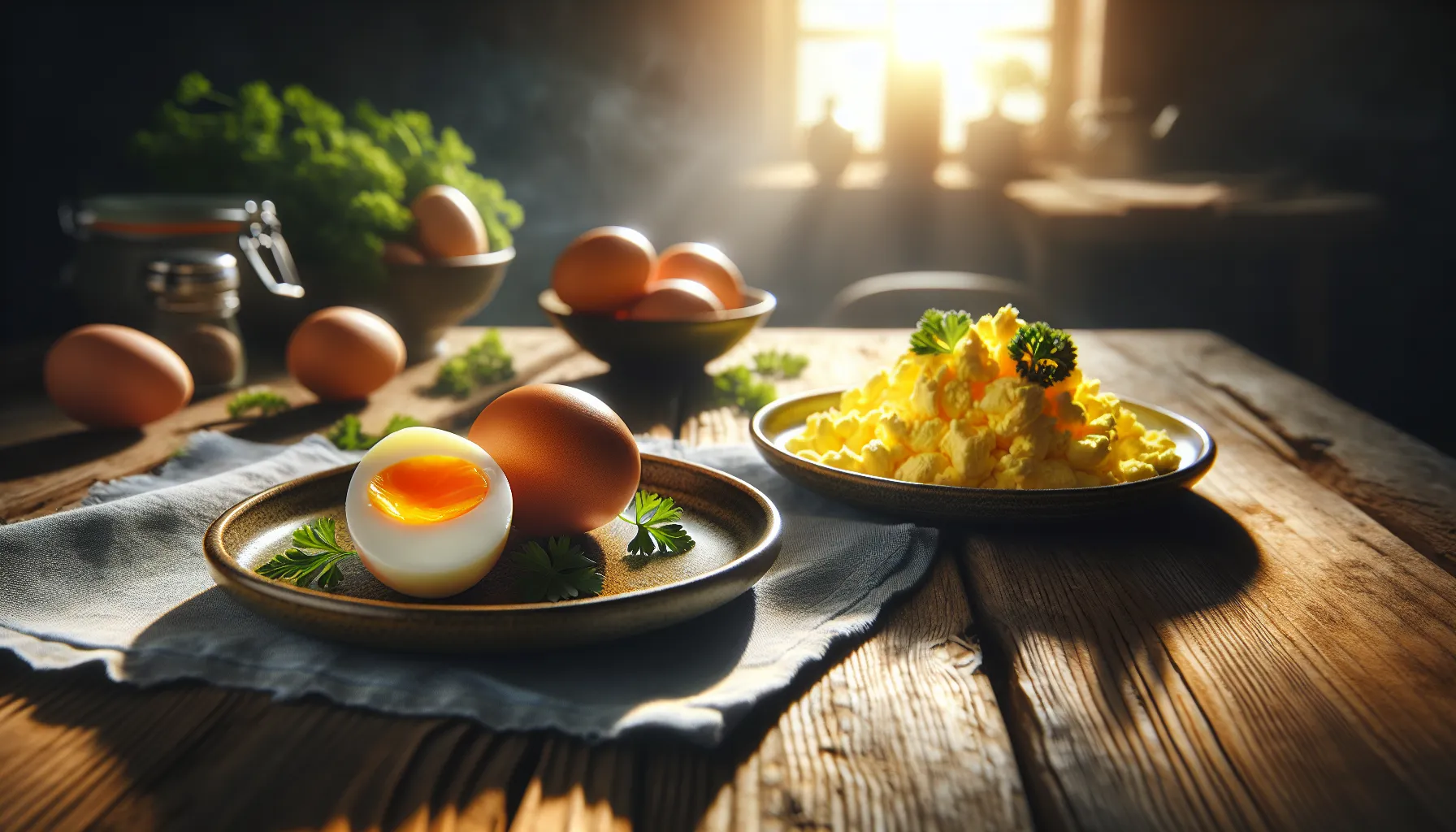 A boiled egg sliced in half next to a fried egg on a wooden table.