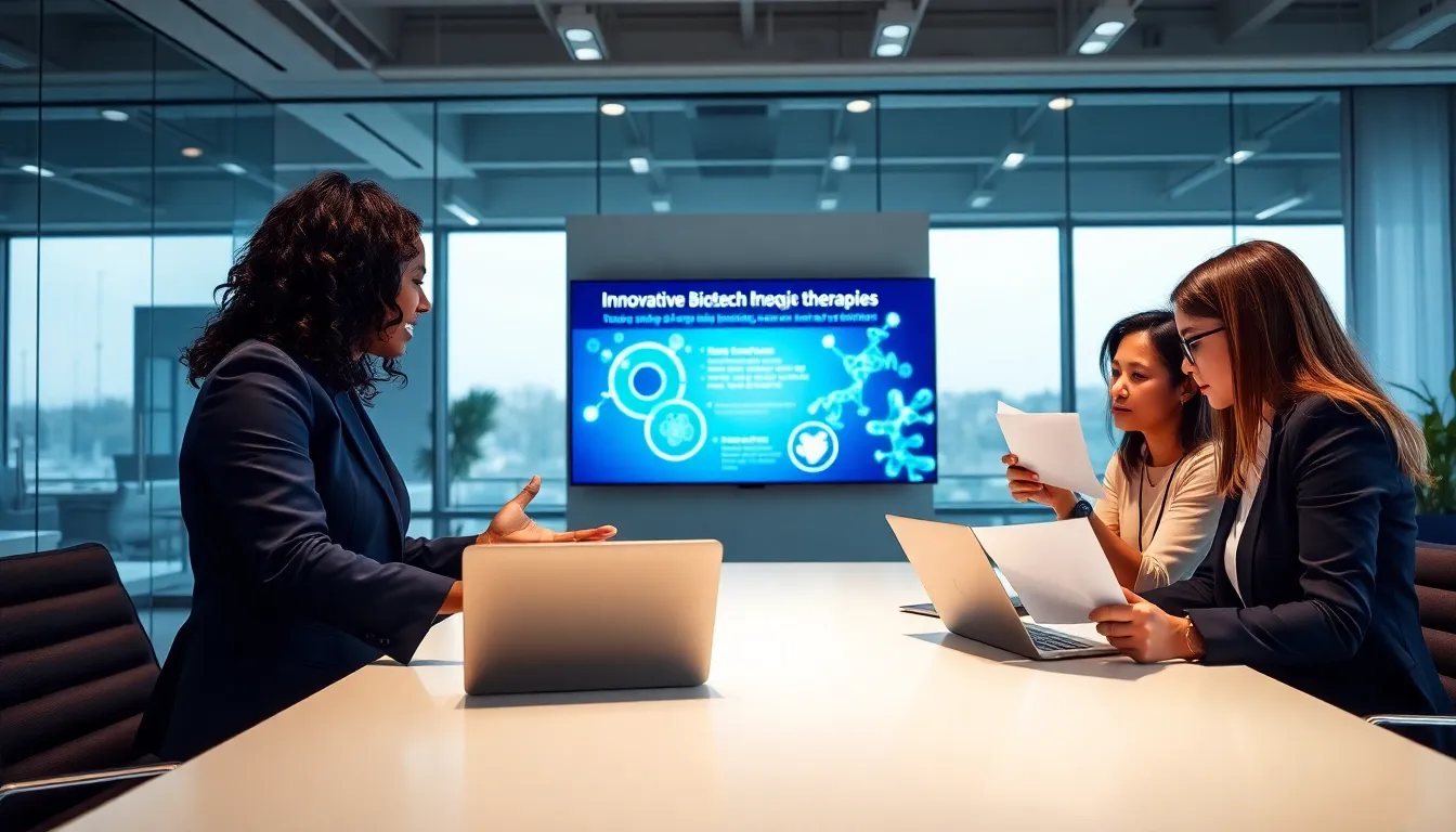 diverse professionals discussing biotech innovation in a modern office setting.