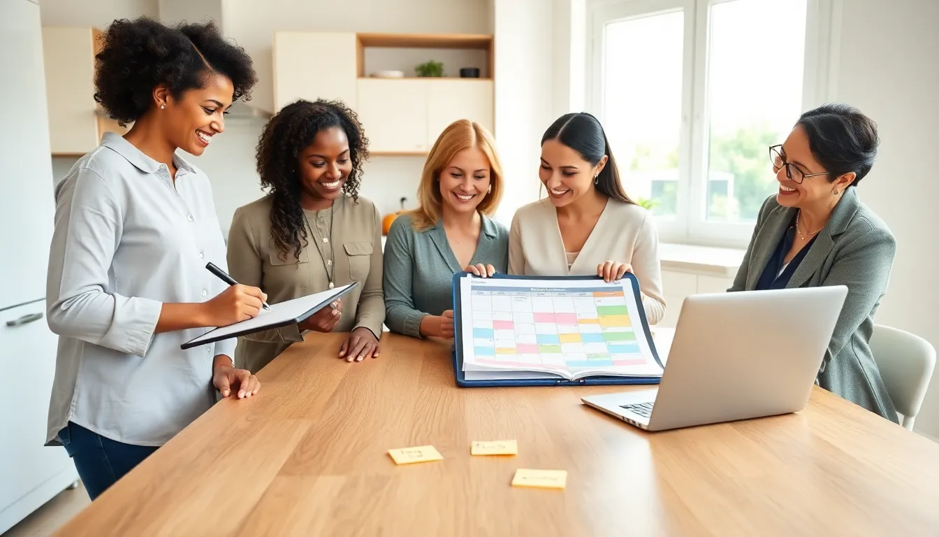 moms planning a daily schedule in a bright kitchen.