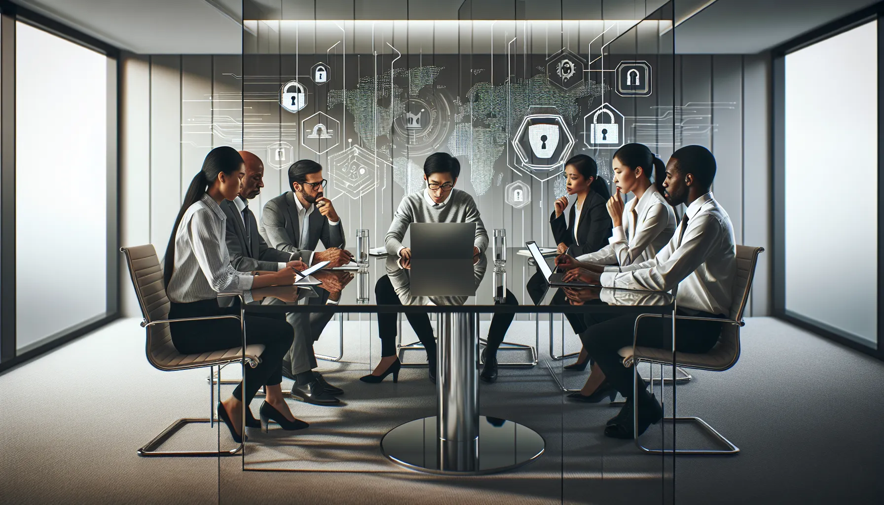 professionals discussing privacy and safety in a modern office.