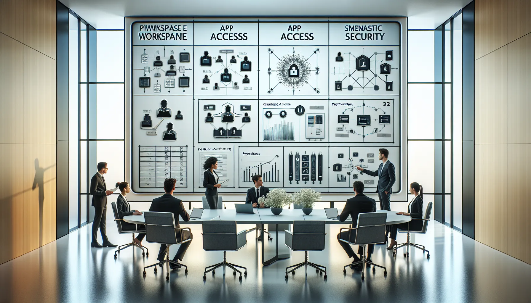 Diverse analytics team reviewing layered Power BI access permissions diagram in modern office.