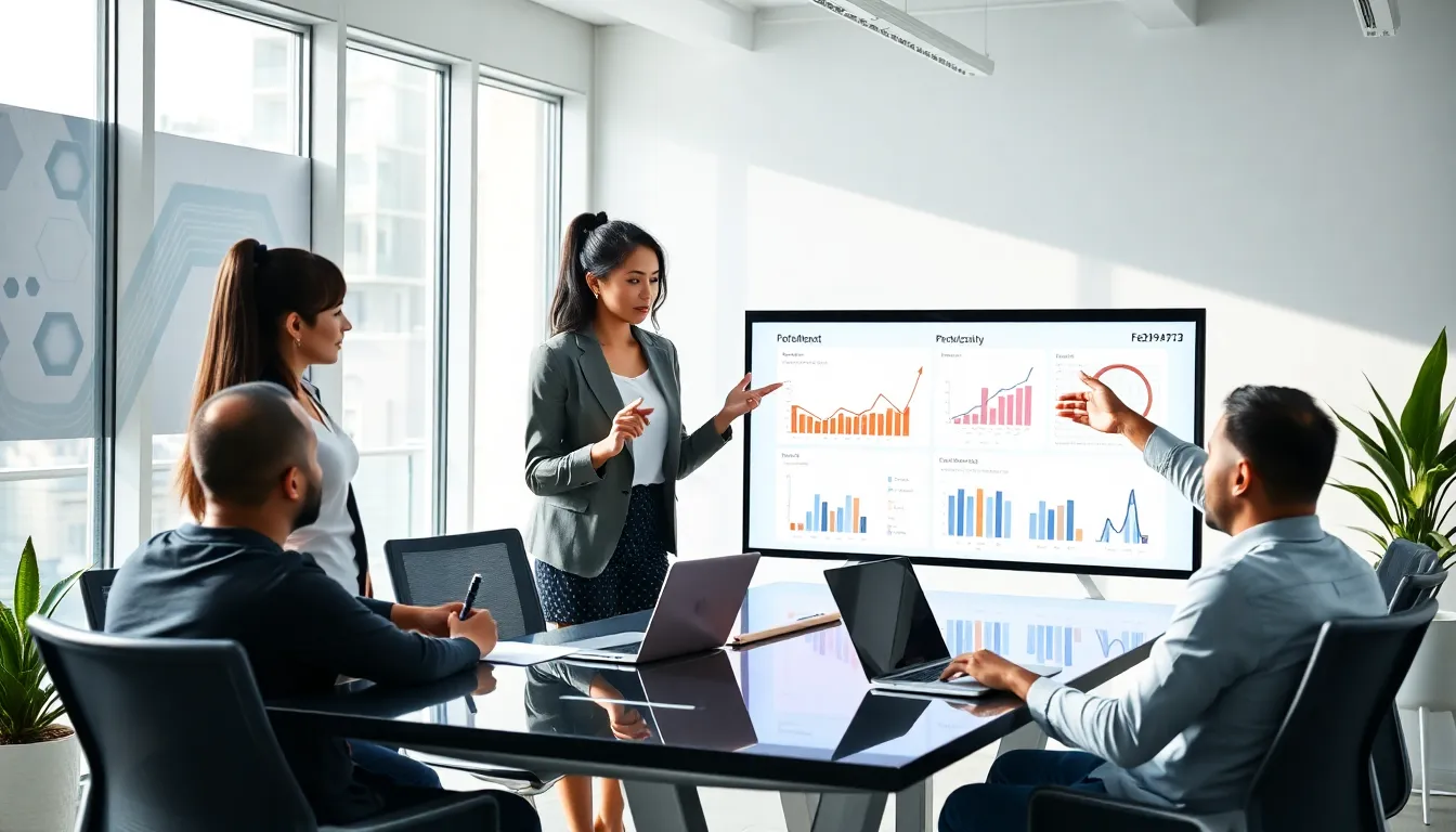 diverse professionals discussing technology in a modern office.