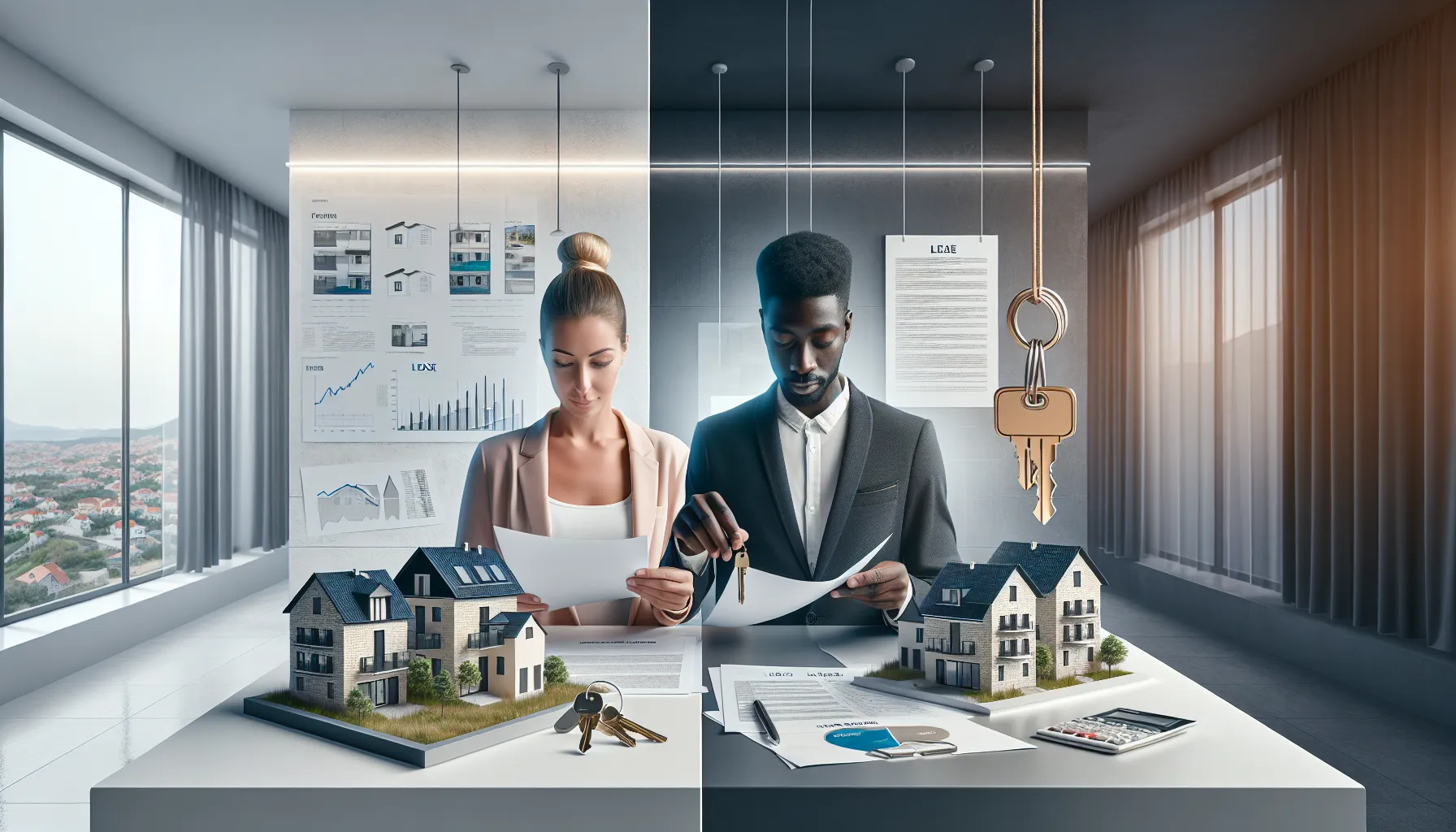 Split-screen showing property buying vs renting decision with Croatian professionals