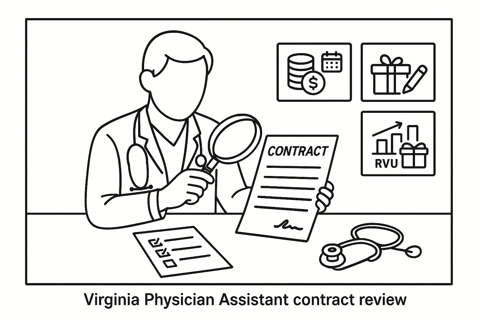 Physician assistant examining a contract with icons for salary, RVUs, and benefits.