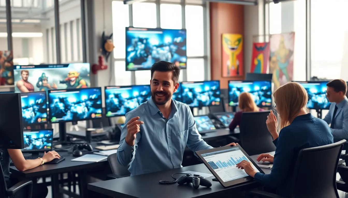 diverse team working in a modern gaming newsroom.