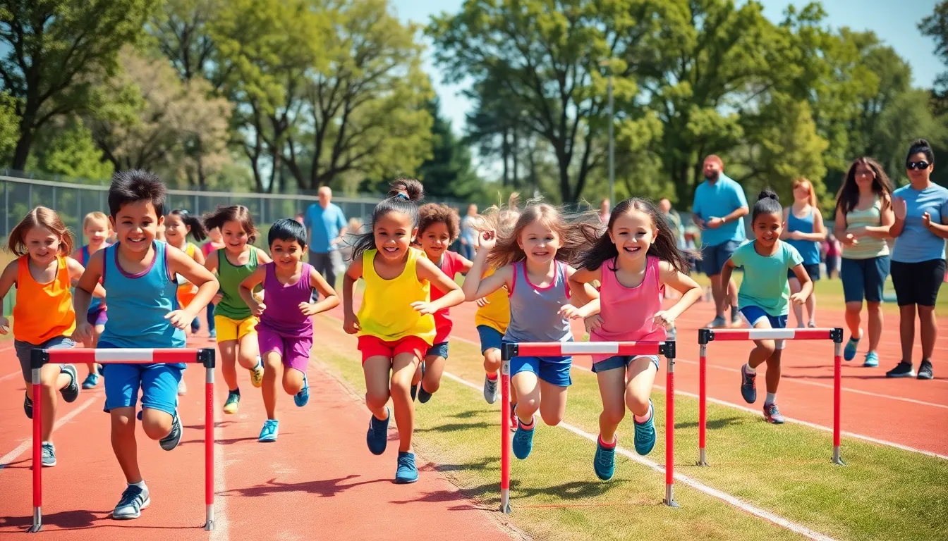 children participating in athletics events in a sunny park.