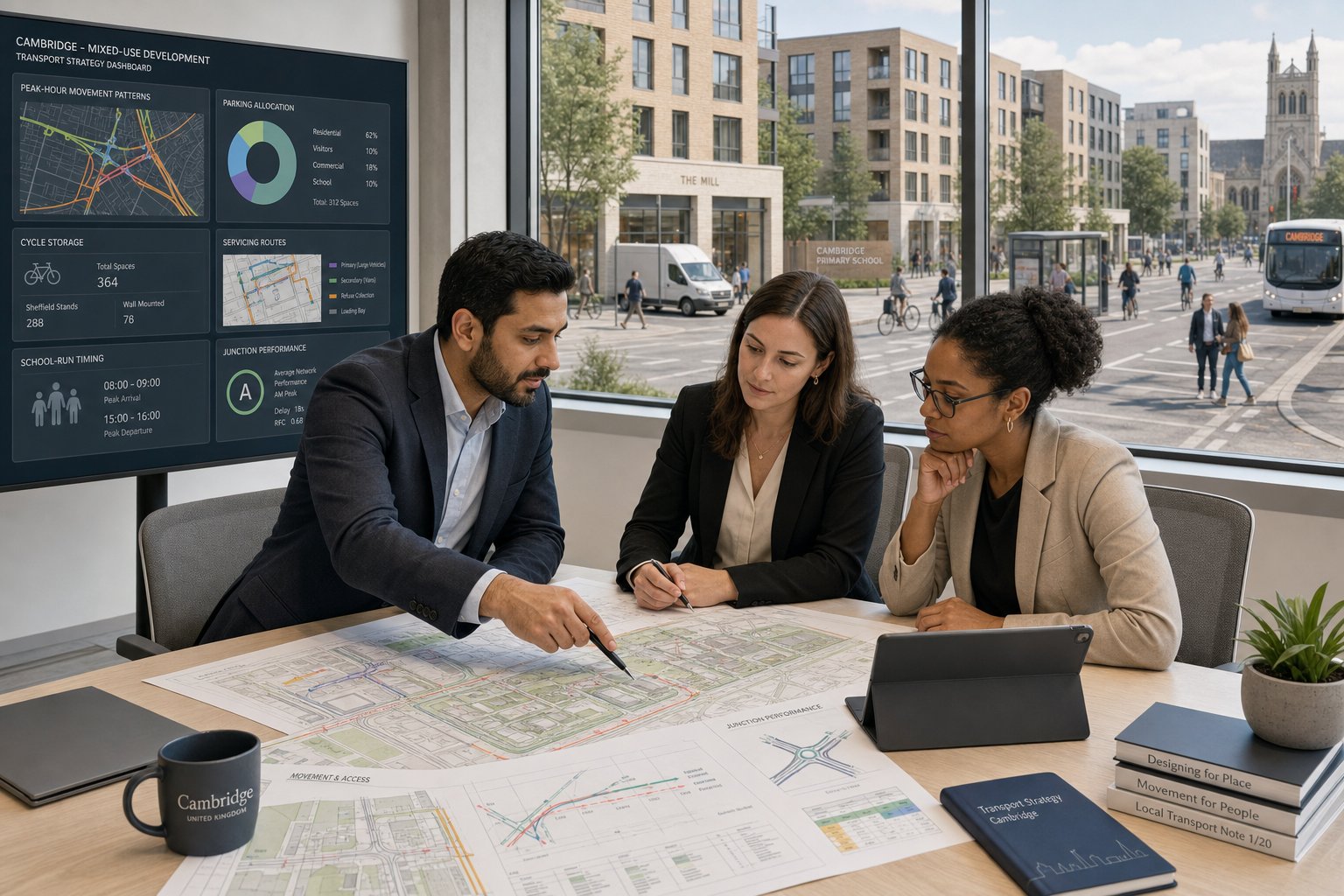 Traffic engineer reviewing mixed-use transport plans in a modern Cambridge office.