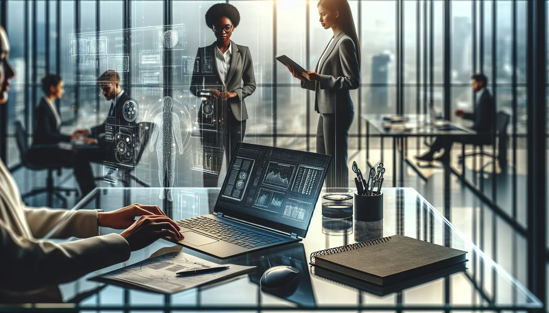 diverse team analyzing data in a modern office setting.